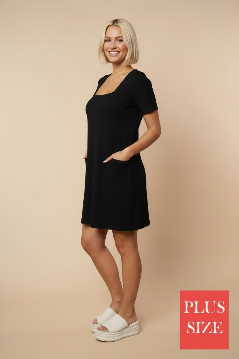 PLU SIZE SQUARE NECK SHORT SLEEVE MINI DRESS