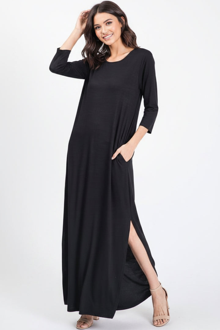 THREE QUARTER SLEEVE ROUND NECK SOLID MAXI DRESS