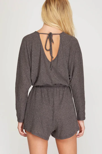 MOCHA LONG SLEEVES BACK TIE DETAIL ROMPER