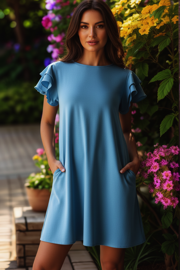 RUFFLED SHORT SLEEVE ROUND NECK SOLID MINI DRESS HMED6732-10