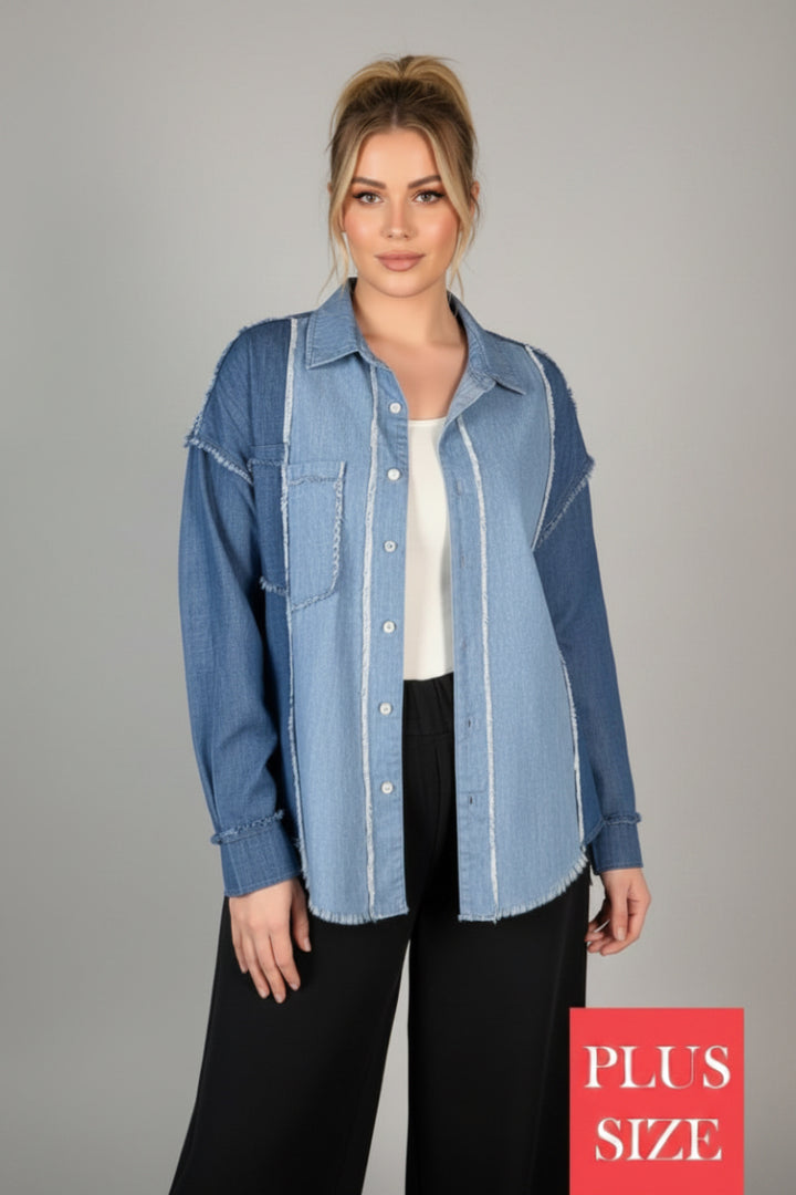 PLUS SIZE LONG SLEEVE PATCH DENIM SHACKET-WBT10560XL