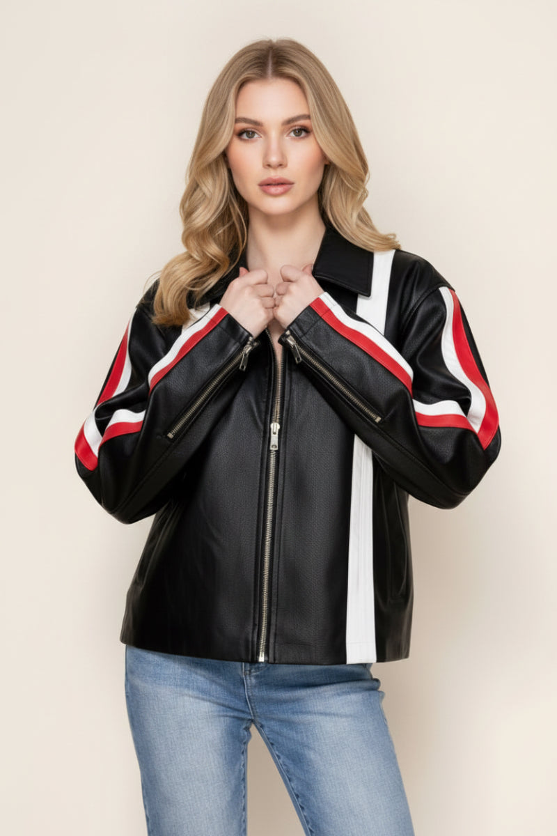 BLACK PU LEATHER JACKET WHIT FRONT ZIP-UP-WBT11052XL