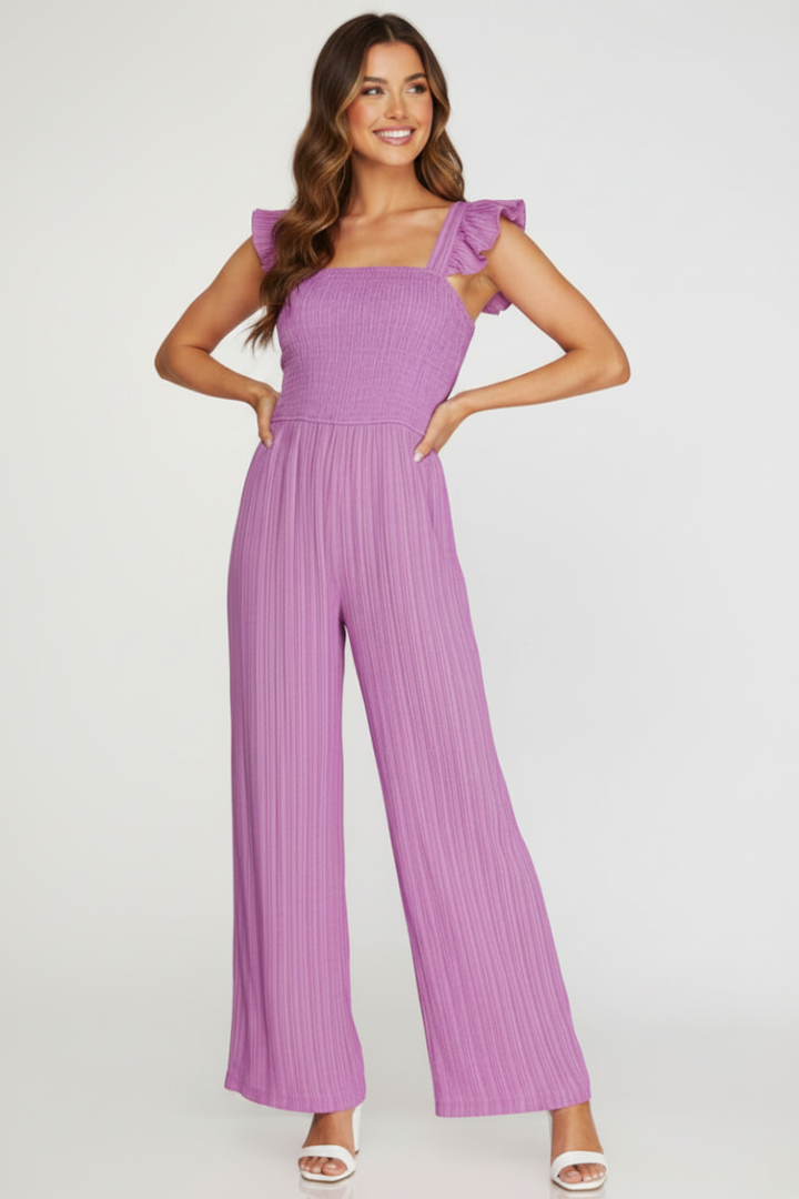 TANGERINE RUFFLE SLEEVES SMOCKED WOVEN JUMPSUIT SKSY6494