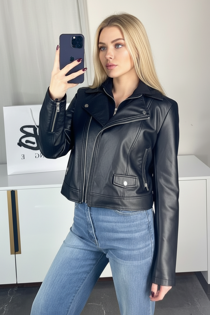 BLACK ZIP-UP PU LATHER JACKET-WBT11139XL