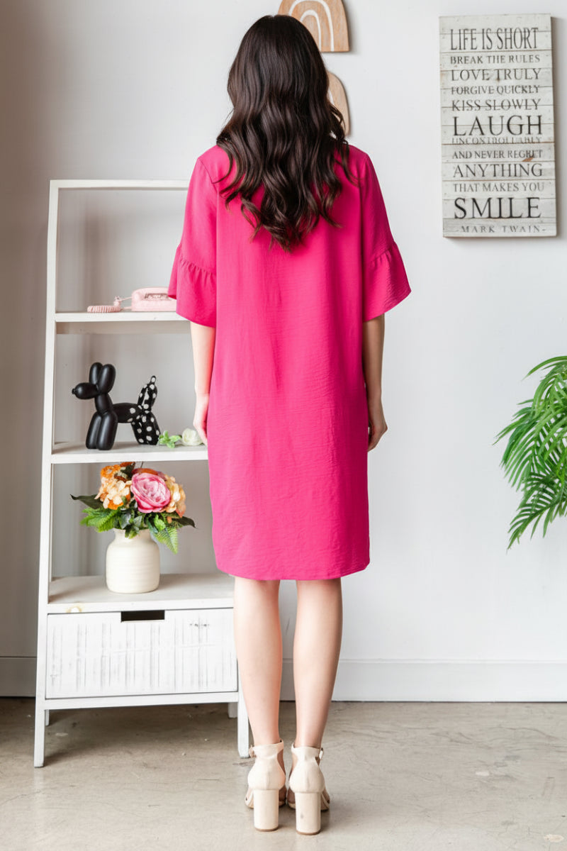 PLUS SIZE SHORT SLEEVE WITH RUFFLED ROUND NECK SOLID MINI DRESS