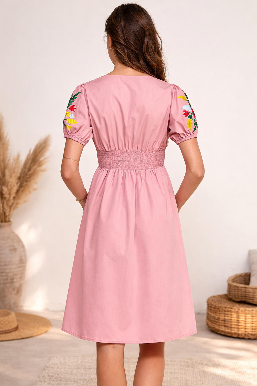 MIDI BUTTON DOWN DRESS WITH EMBROIDERED SLEEVES
