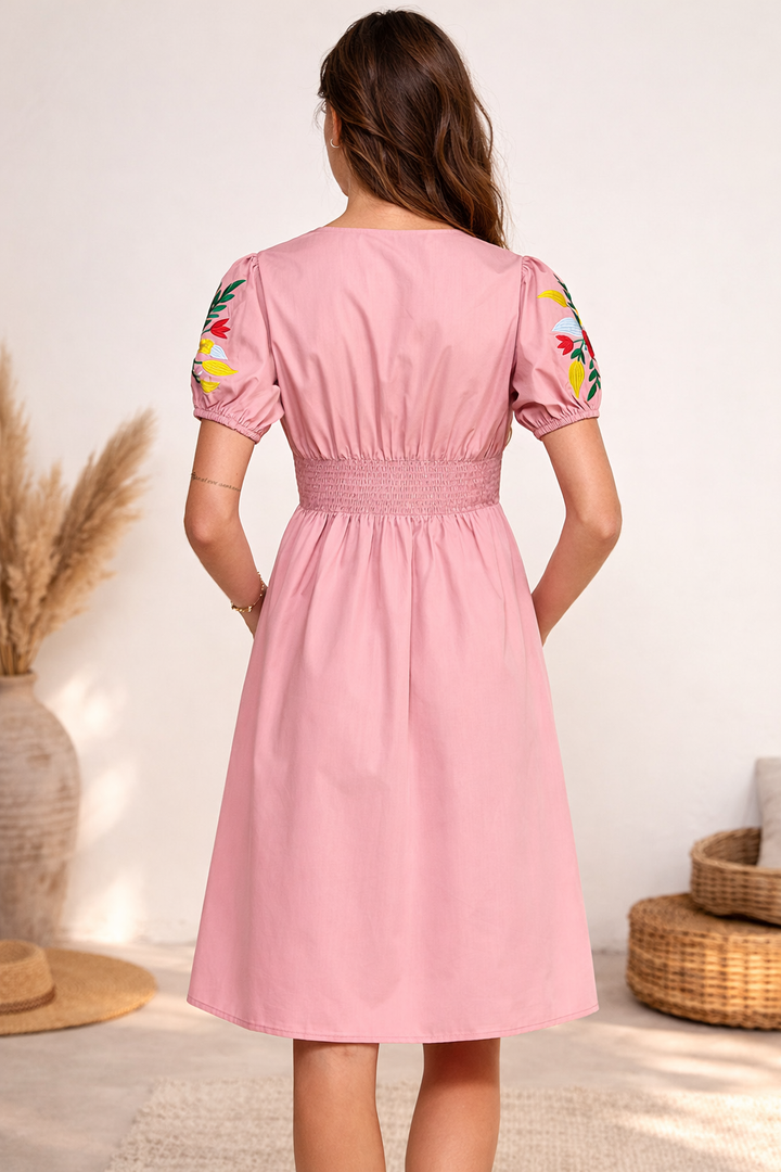 MIDI BUTTON DOWN DRESS WITH EMBROIDERED SLEEVES