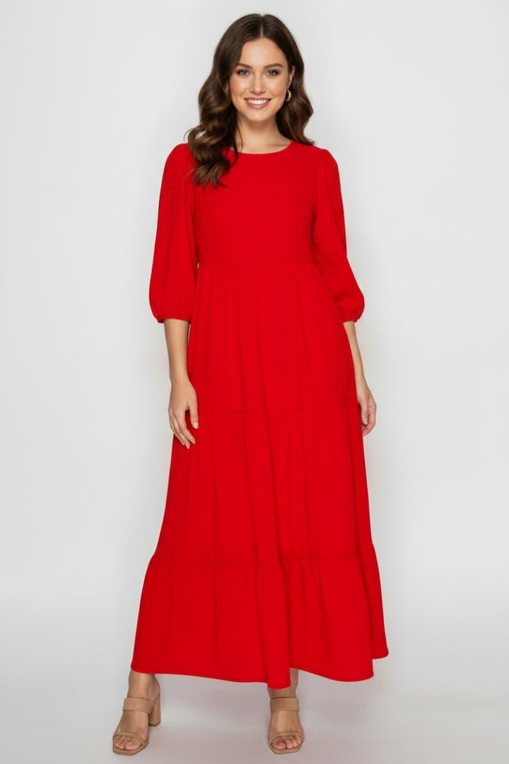 PLUS SIZE PUFF SLEEVES LAYERED DRESS WITH SIDE POCKETS-SHVL5825