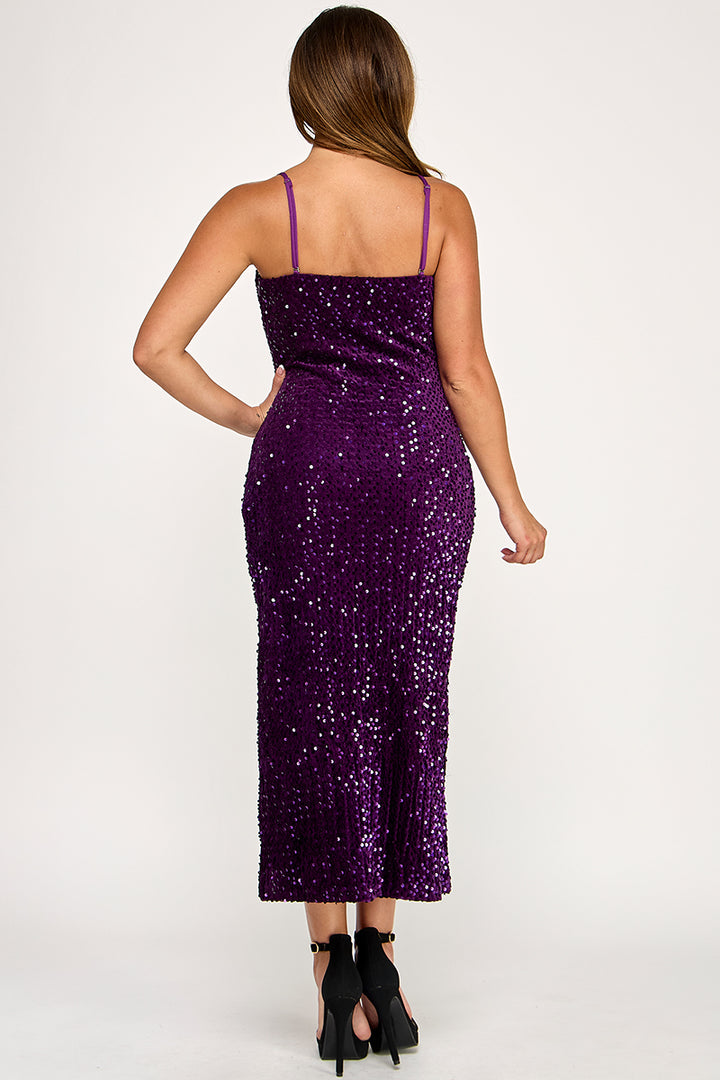 VELVET SEQUIN DRESS WITH LEG SLIT