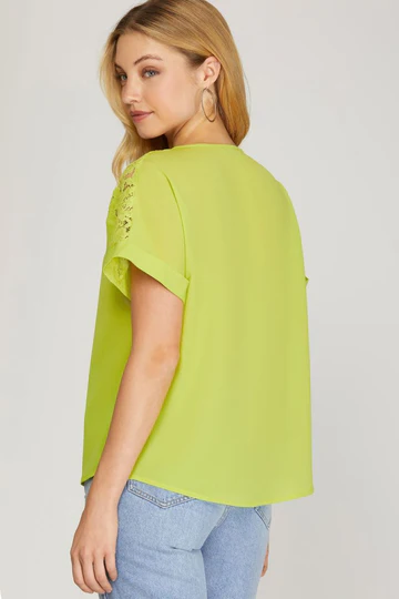 DROP SHOULDER LACE CONTRAST WOVEN TOP