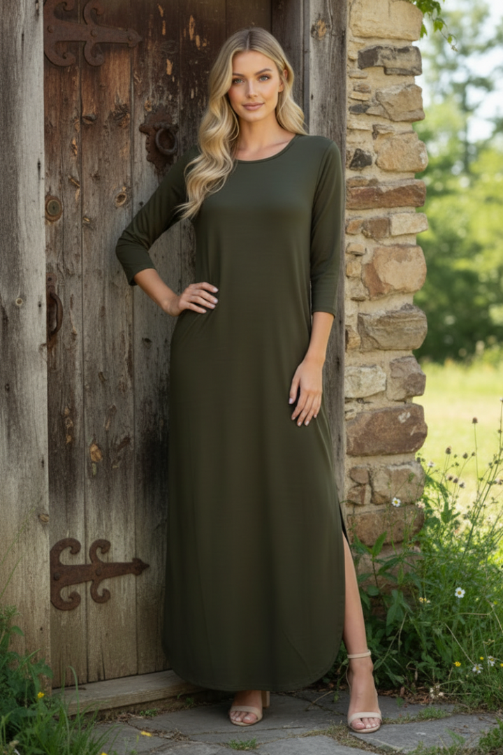 THREE QUARTER SLEEVE ROUND NECK SOLID MAXI DRESS