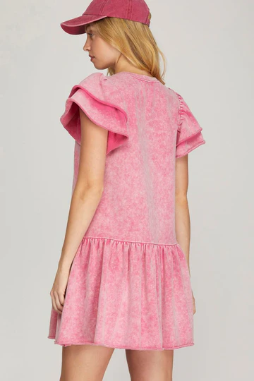 BLUE RUFFLE SLEEVES FRENCH TERRY MINI DRESS