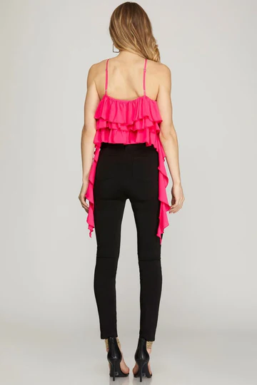 BLACK HALTER ROSETTE RUFFLED DETAILED WOVEN TOP SKSY6697