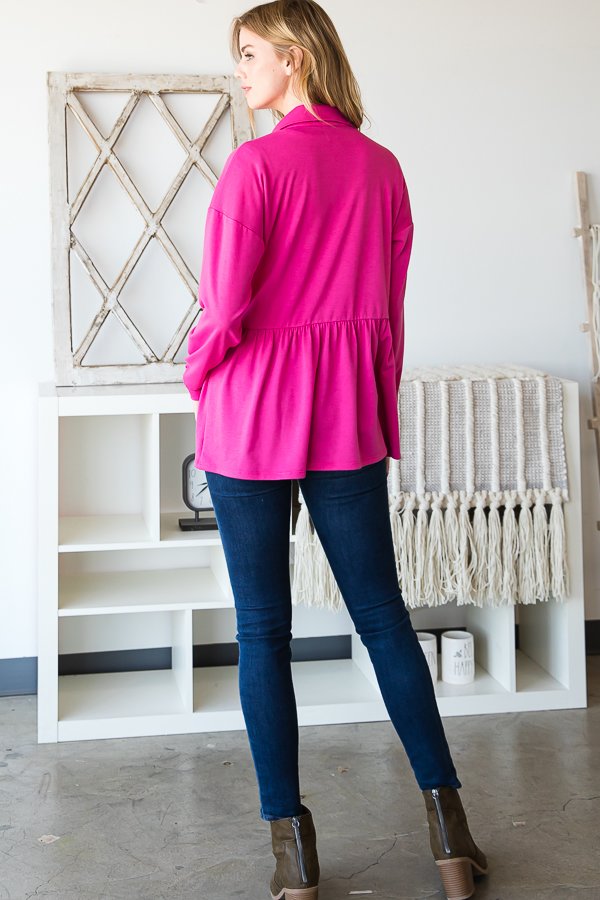 LONG PUFF SLEEVE BASIC COLLAR SOLID BUTTON DOWN JACKET WITH FRONT POCKET AND SHIRRIND DETAIL