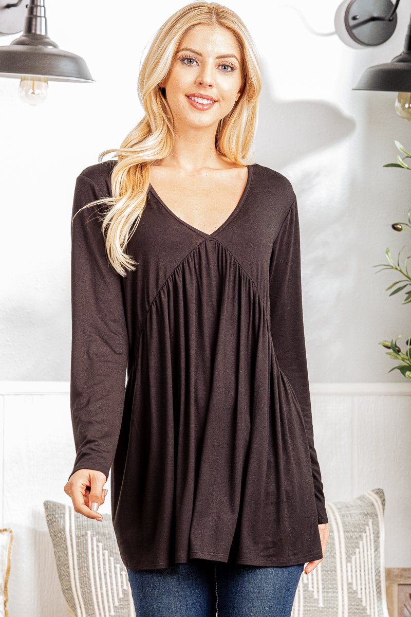LONG SLEEVE V NECK SOLID TOP WITH SHIRRING DETAIL PLUS SIZE