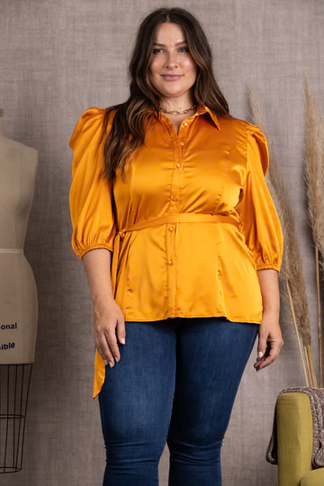 SATIN COLLARED TIE WAIST PLUS SIZE TOP