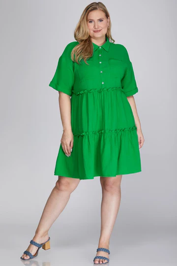 COLLARED TIERED GAUZE BUTTON DOWN WOVEN PLUS SIZE MINI DRESS SKPSY6243