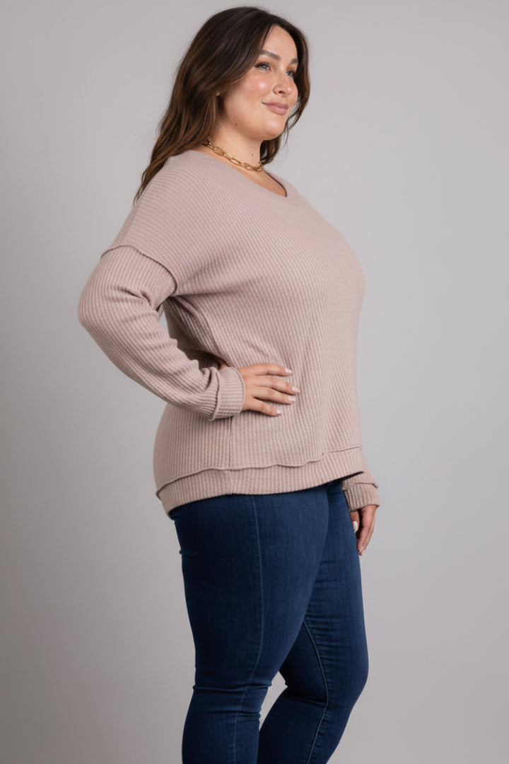 CHARCOAL RIBBED KNIT LONG SLEEVES PLUS SIZE TOP M5044P