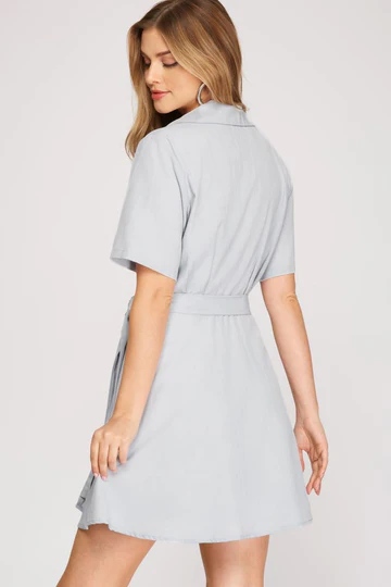 WARP COLLARED FRONT SIDE TIE WOVEN MINI DRESS SKSY3822