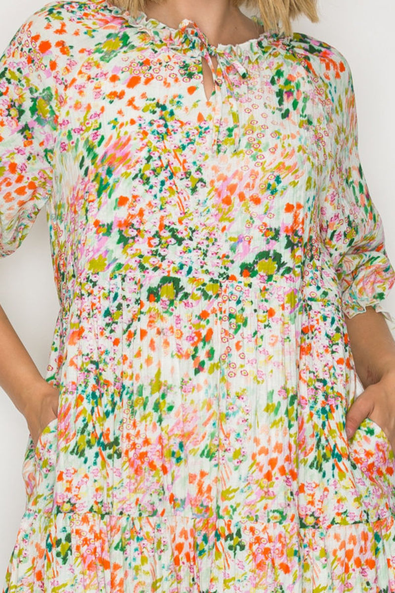 PLUS SIZE TIERED BOHO FLORAL MIDI DRESS 3/4 SLEEVES DETAIL