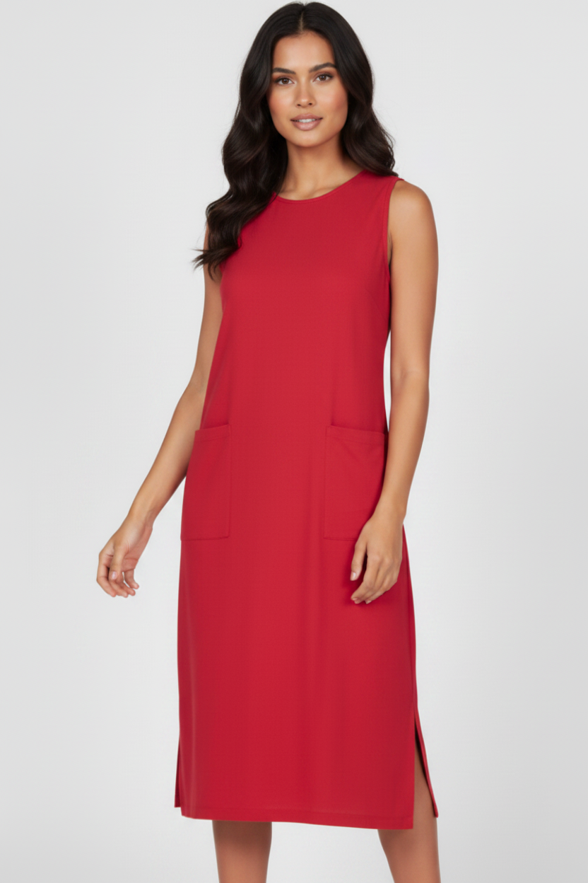 FUCHSIA SLEEVELESS FRONT PATCH POCKETS MIDI DRESS HMD1055