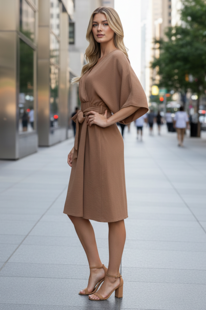 SHORT SLEEVE WRAP V NECK SOLID MIDI DRESS HMED6826-10