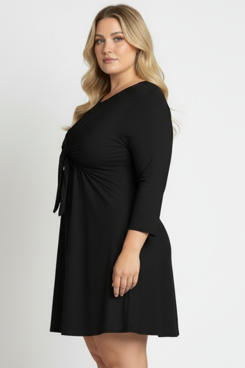 SELF-TIE FRONT LONG SLEEVES PLUS SIZE MINI DRESS D1060