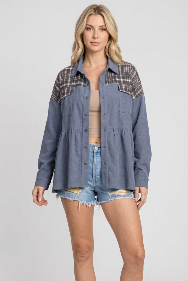 ASH BLUE TARTAN PRINT BUTTON DOWN JACKET JI80237-