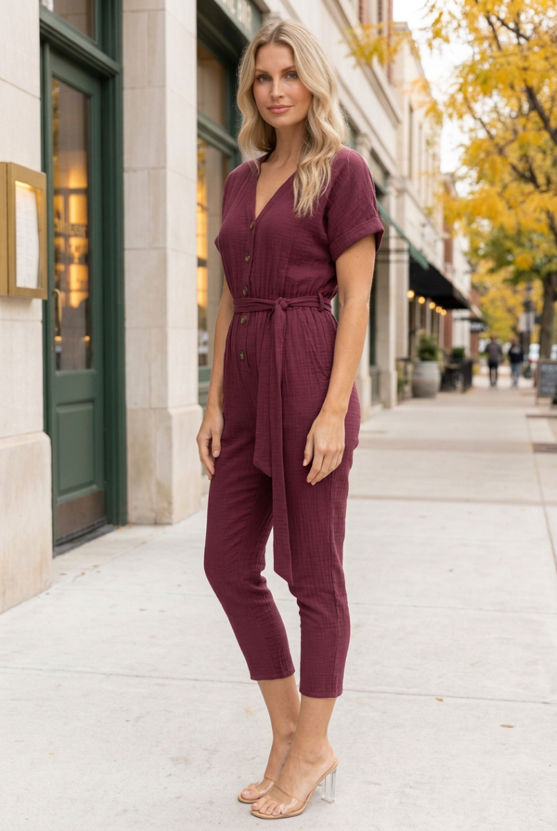 PLUM V-NECK SHORT SLEEVES W/SLASH JUMPSUITS-SS8137