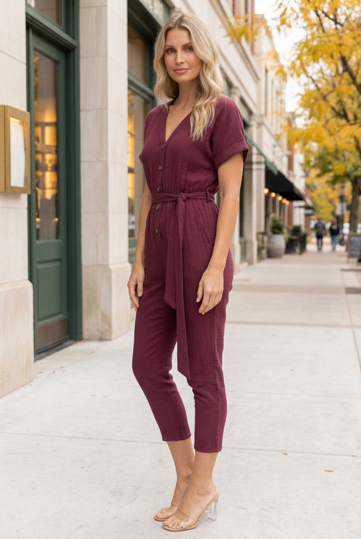 PLUM V-NECK SHORT SLEEVES W/SLASH JUMPSUITS-SS8137