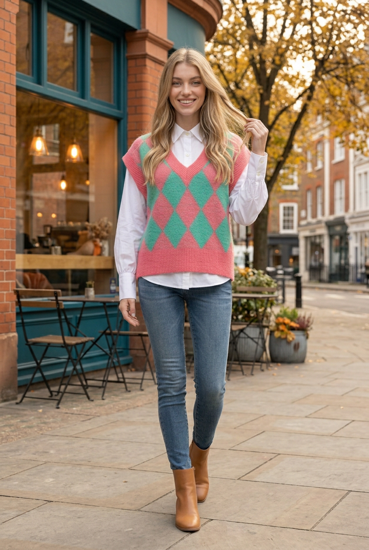 Lively blonde model wearing the diamond vest on an autumn café terrace