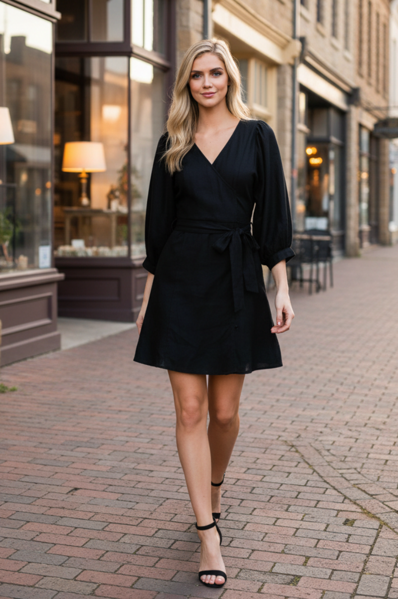 BLACK V-NECK 3/4 SLEEVES SELF-TIE WAIST CASUAL MINI DRESS MDR7435-