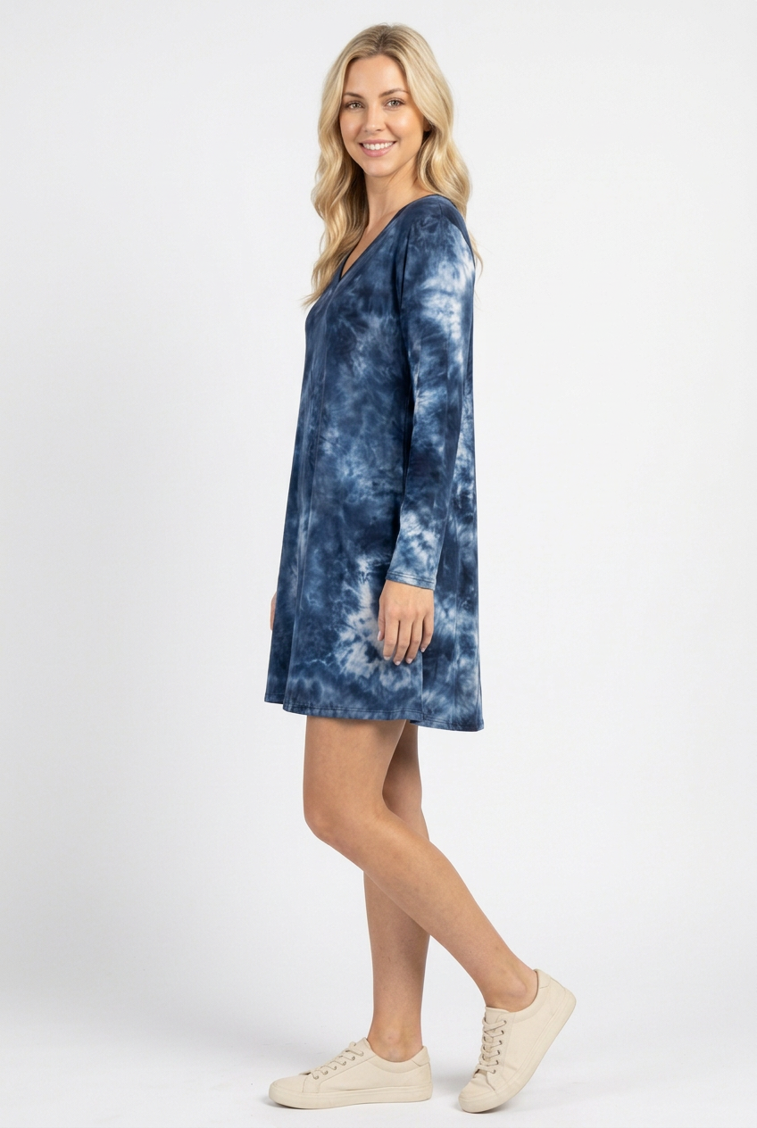 Navy tie-dye dress side studio view