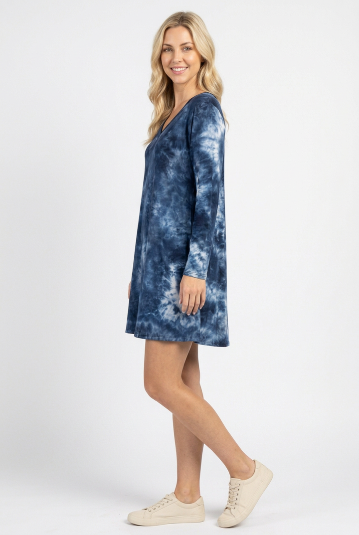 Navy tie-dye dress side studio view