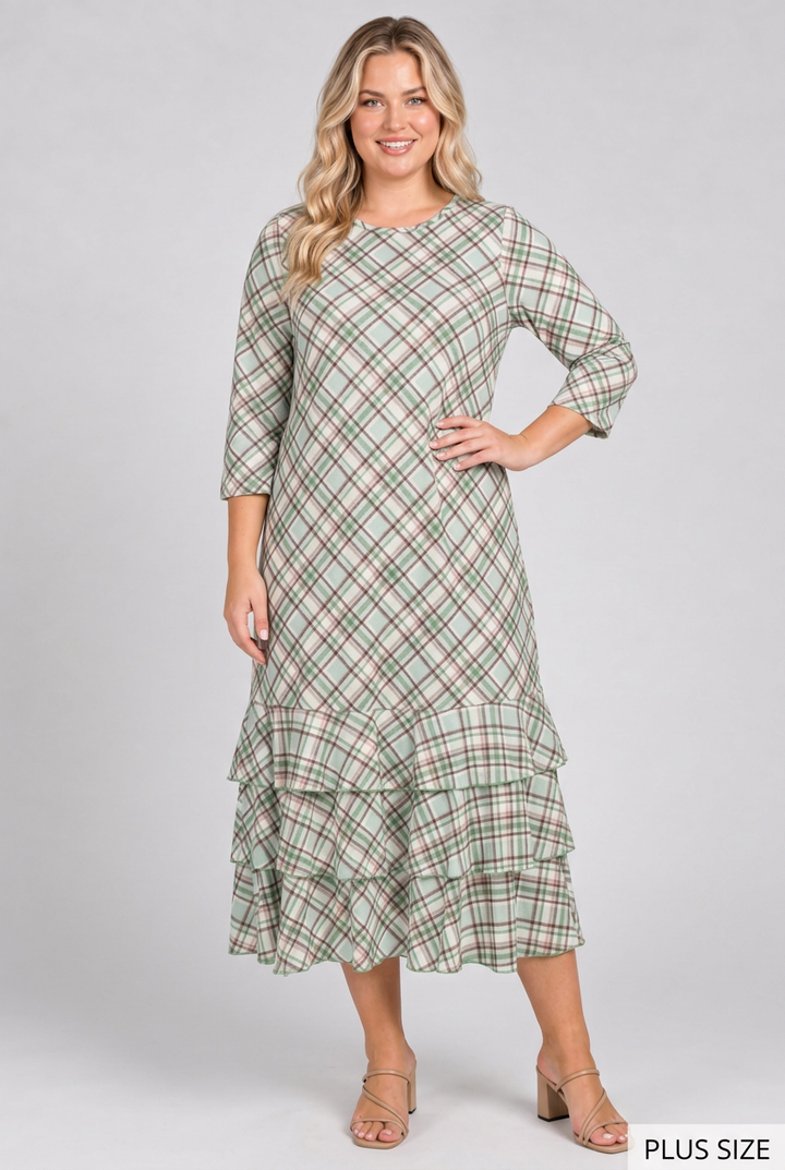 New plus-size blonde model wearing the green plaid dress