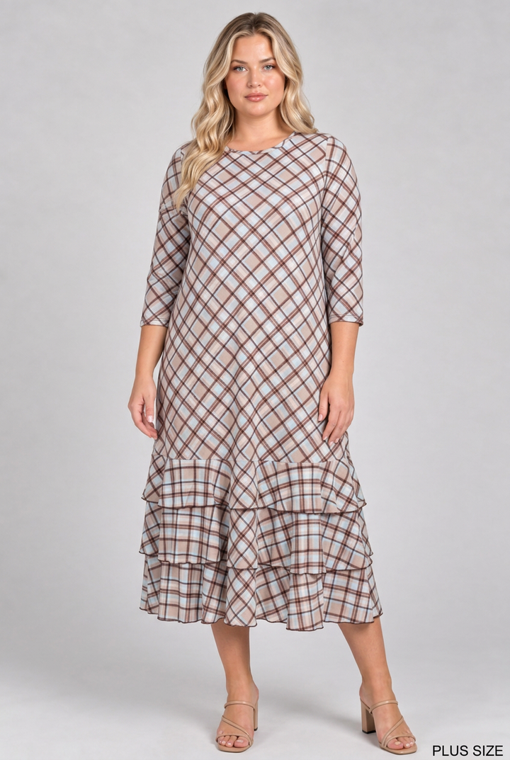 New plus-size blonde model wearing the reference plaid dress