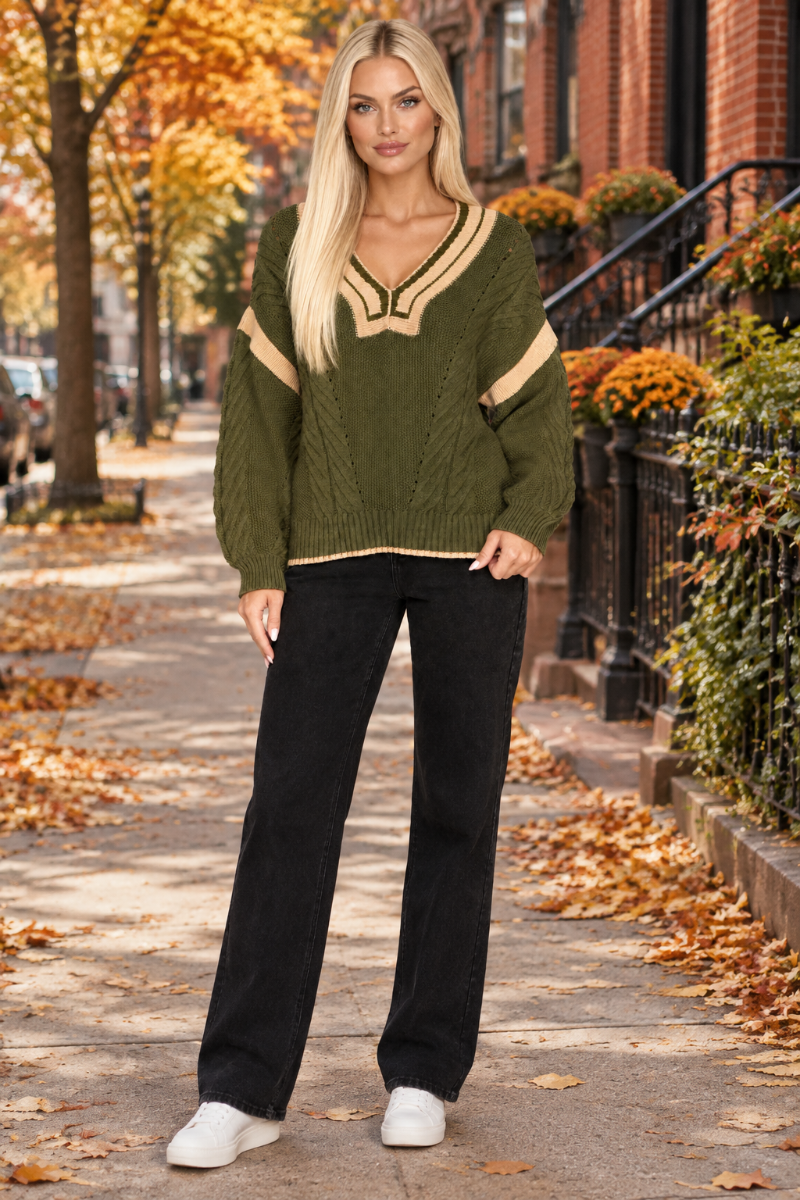Olive sweater, blonde model, full body, autumn street background