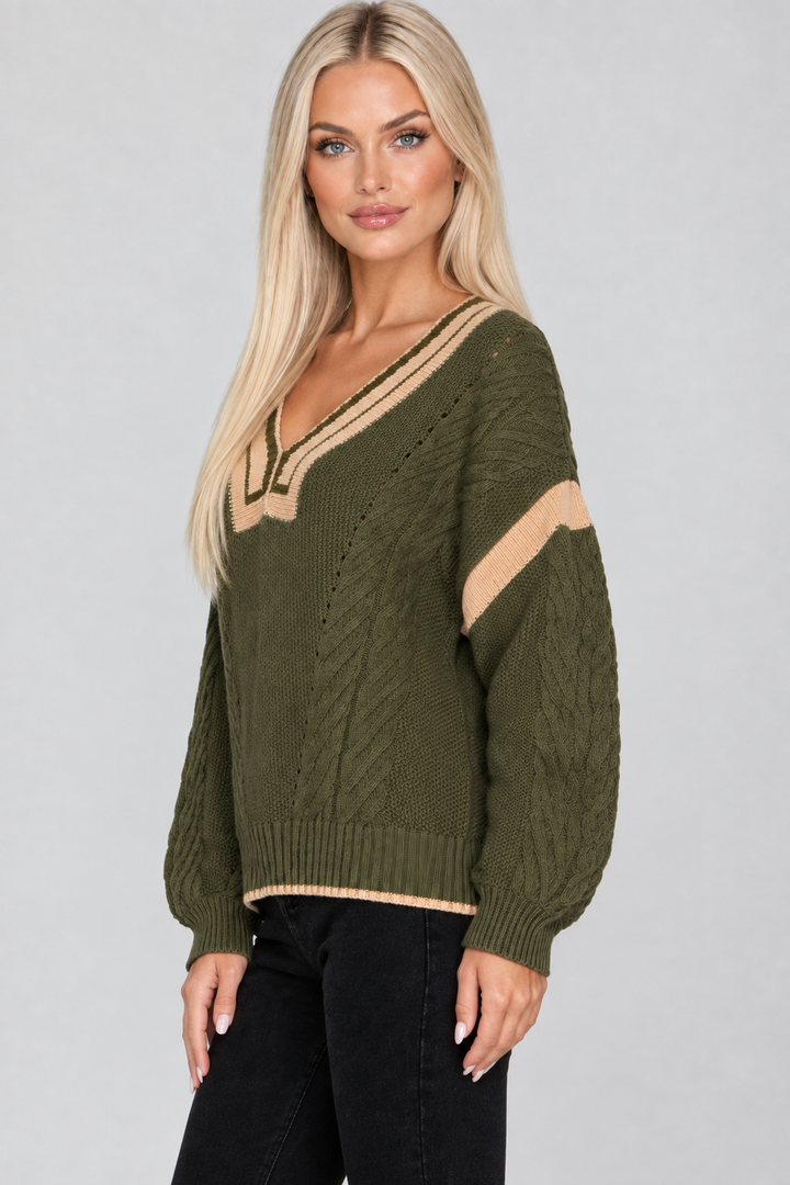 Olive sweater, blonde model, side pose face forward, studio background