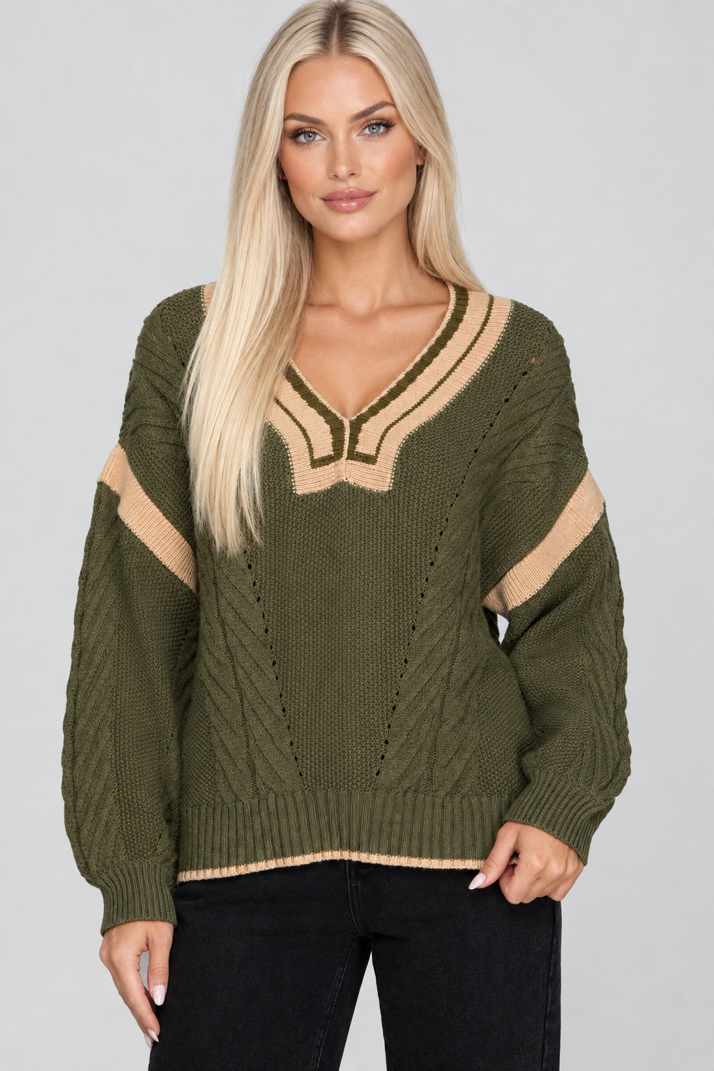 Olive sweater, new blonde model, studio background
