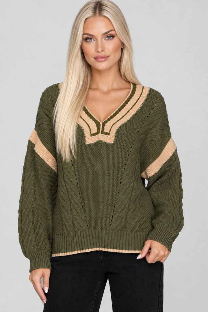 Olive sweater, new blonde model, studio background