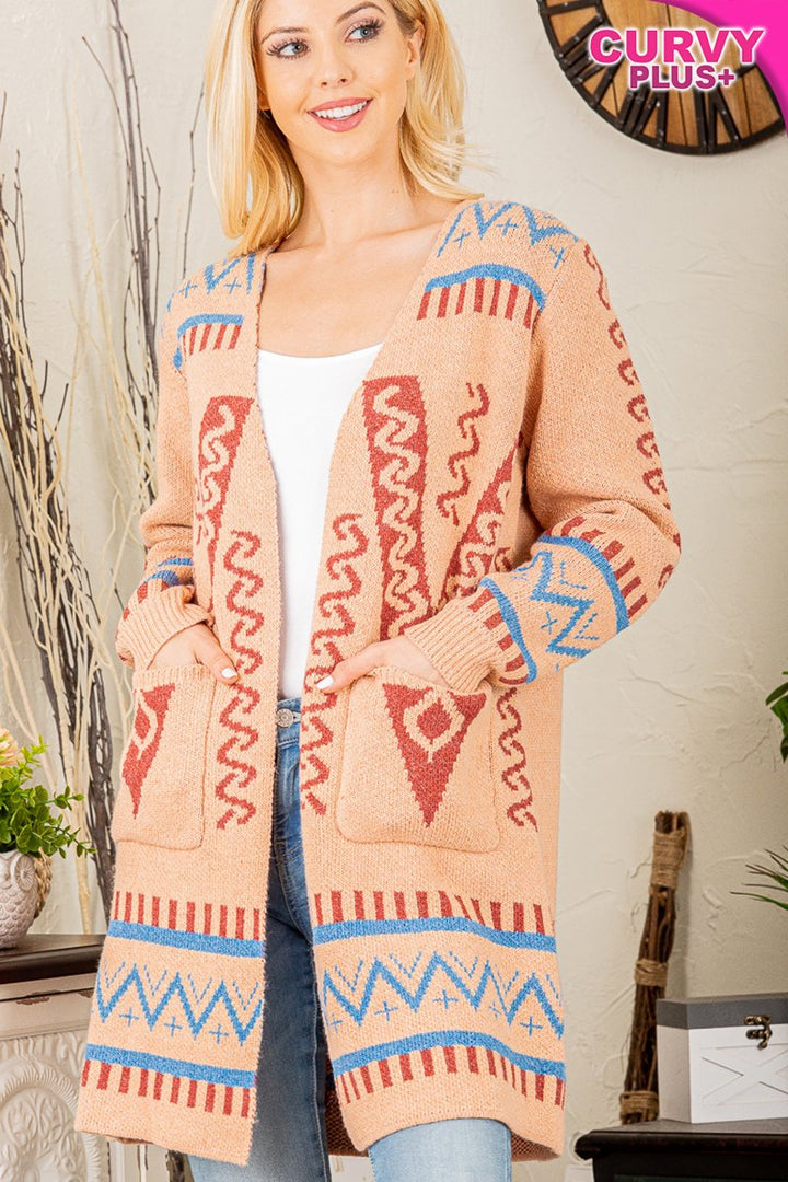 PEACH OPEN FRONT SIDE POCKET PLUS SIZE CARDIGAN HMWJ1010F-PLUS