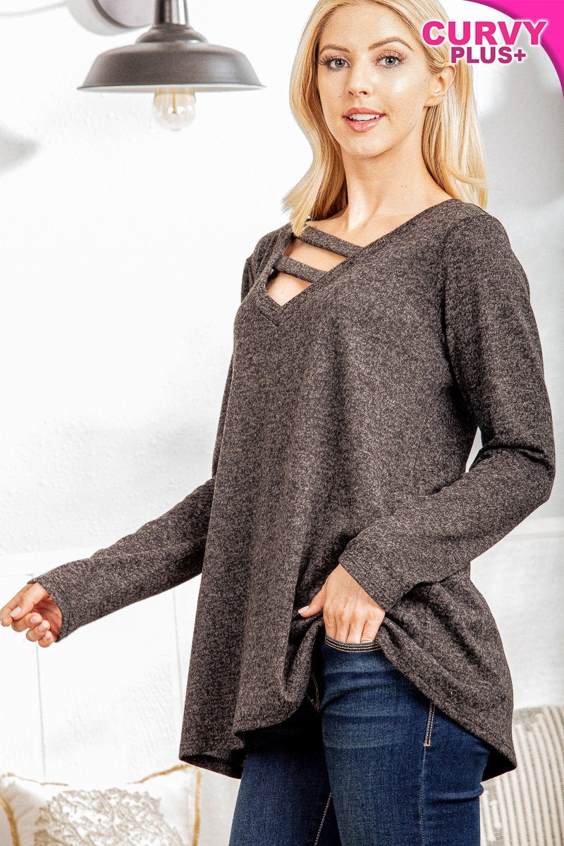 HEATER GREY LONG SLEEVES BAR DETAILED PLUS SIZE TOP HMST2101-15-