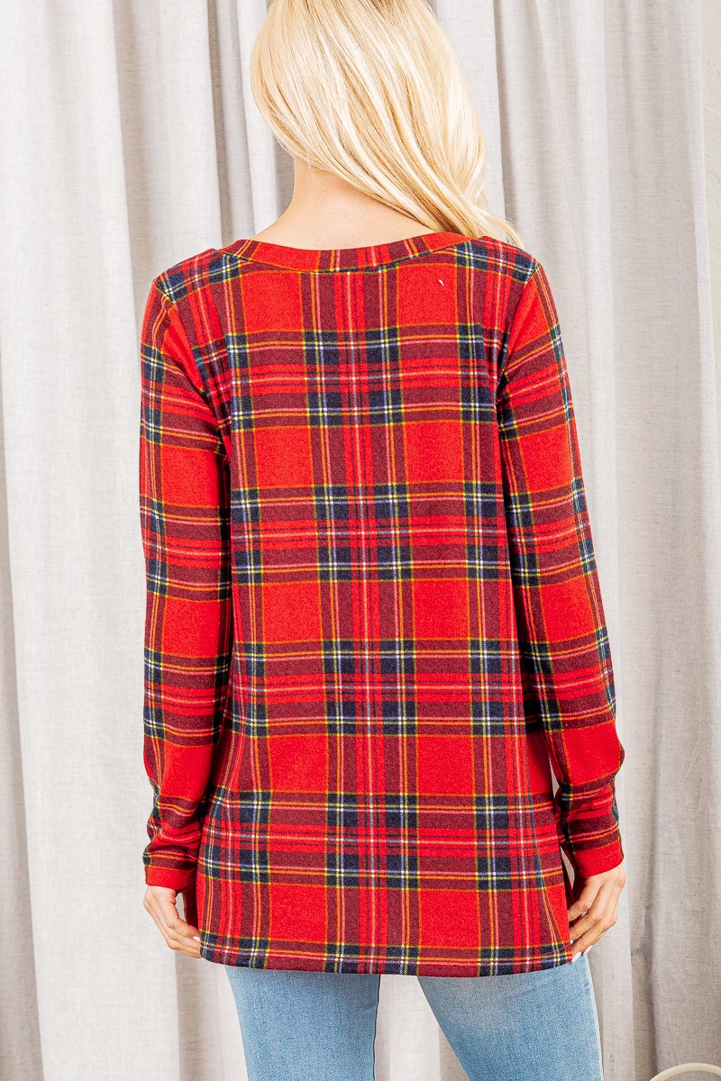 RED PLAID PRINT LONG SLEEVES BAR DETAILED TOP HMST2101-10
