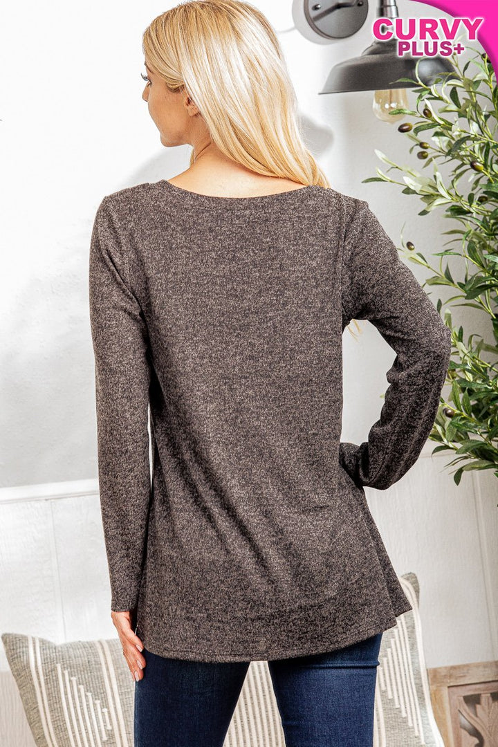 HEATER GREY LONG SLEEVES BAR DETAILED PLUS SIZE TOP HMST2101-15-