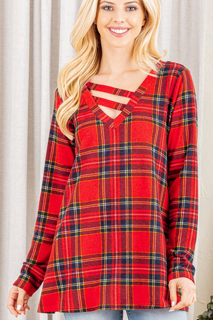 RED PLAID PRINT LONG SLEEVES BAR DETAILED TOP HMST2101-10