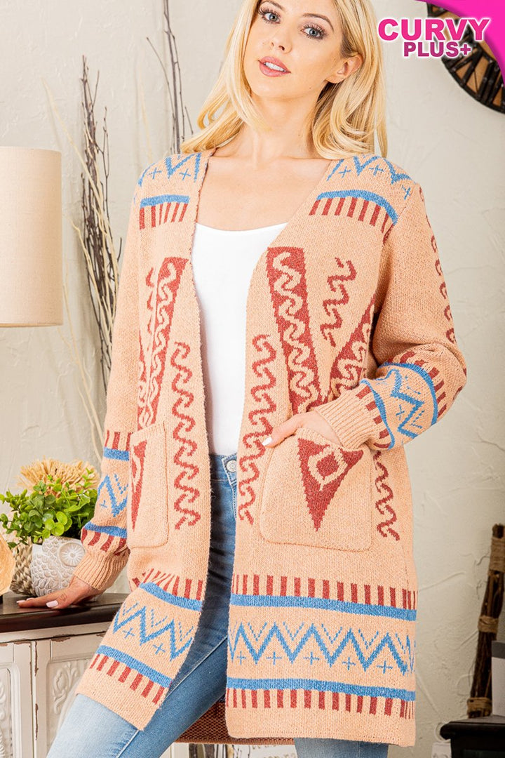 PEACH OPEN FRONT SIDE POCKET PLUS SIZE CARDIGAN HMWJ1010F-PLUS