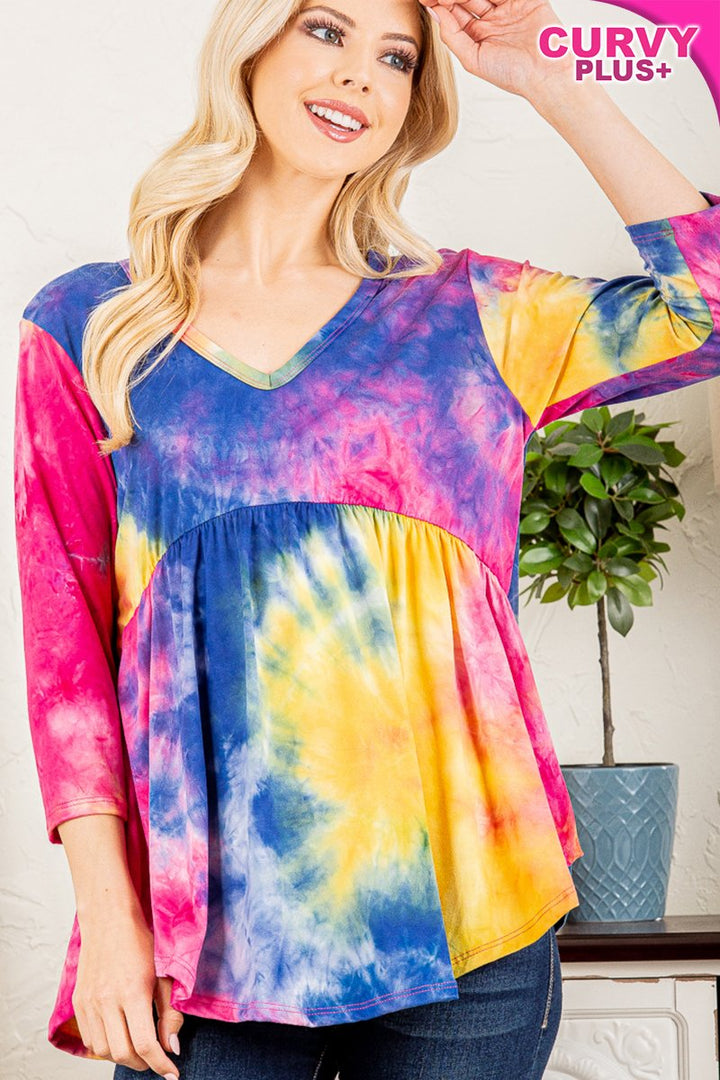 FUCHSIA MARBLE 3/4 SLEEVES BABYDOLL PLUS SIZE TOP