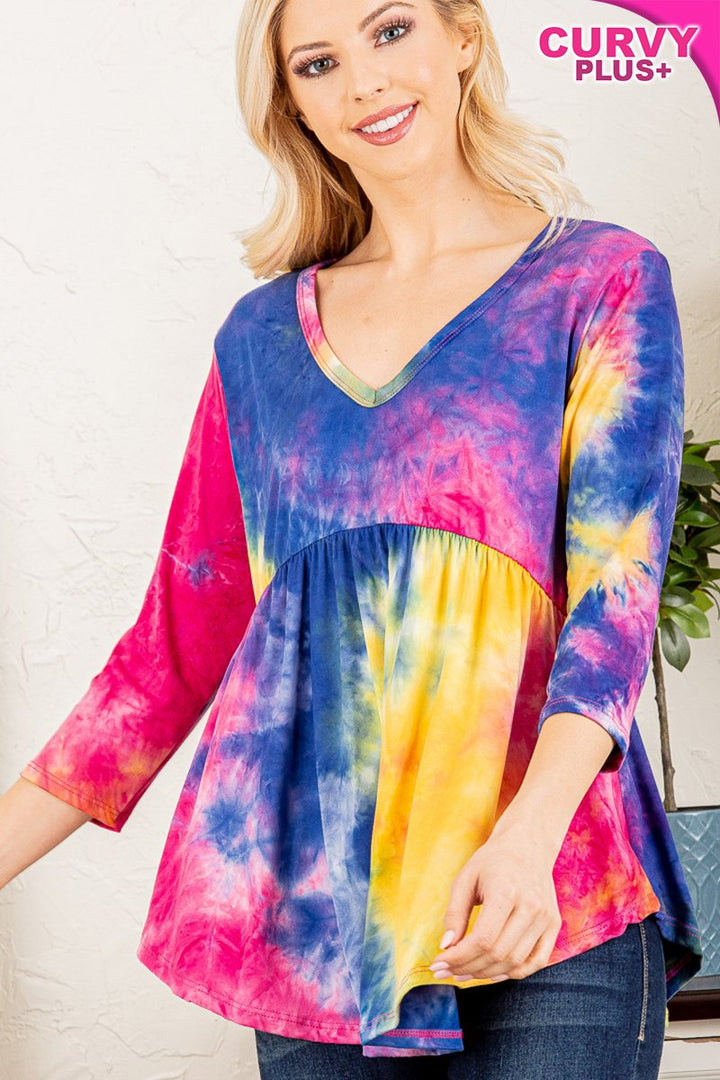 FUCHSIA MARBLE 3/4 SLEEVES BABYDOLL PLUS SIZE TOP