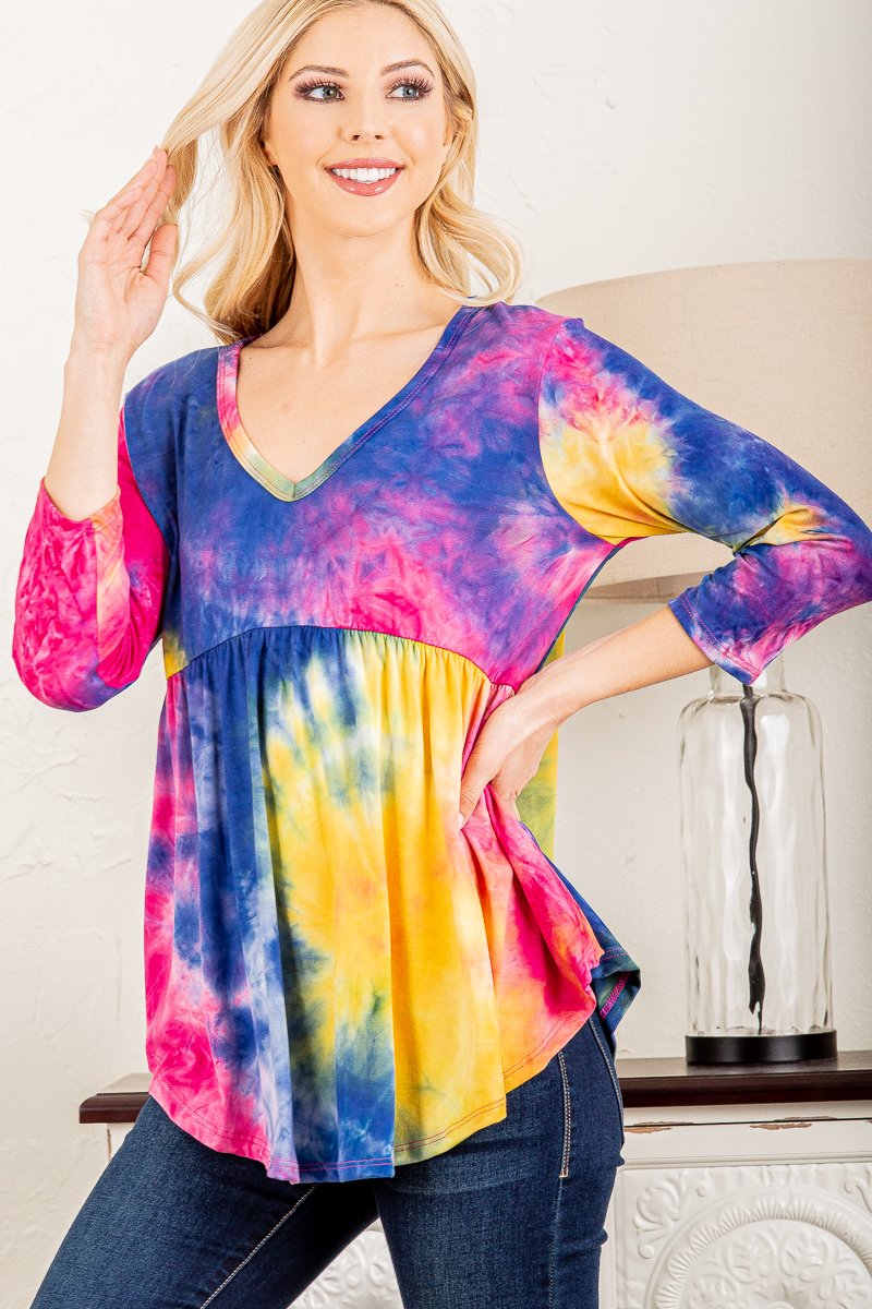 FUCHSIA MARBLE 3/4 SLEEVES BABYDOLL TOP