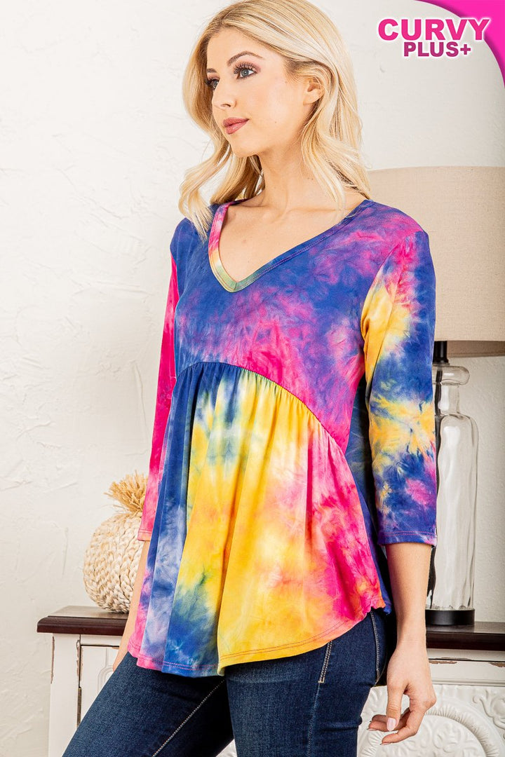 FUCHSIA MARBLE 3/4 SLEEVES BABYDOLL PLUS SIZE TOP